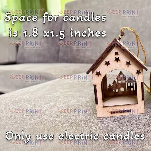 DEEP PRINT Wooden Christmas House Ornaments | Hanging Decoration Lanterns with Cut-Out Designs | Premium Pine MDF | LED Tea Light Candle Holder for Christmas Tree & Home Decor (Set of 5) - Image 5