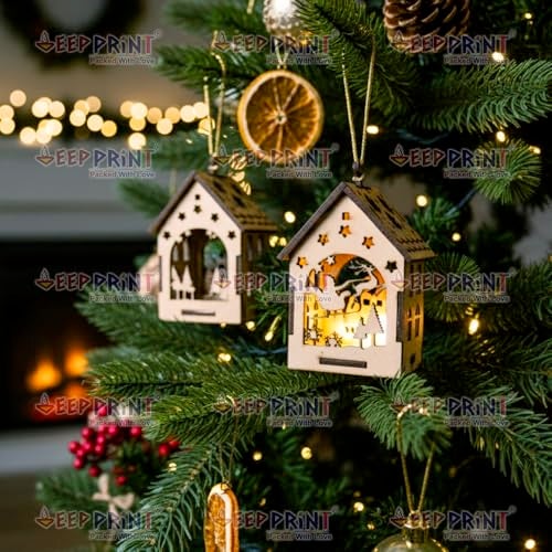 DEEP PRINT Wooden Christmas House Ornaments | Hanging Decoration Lanterns with Cut-Out Designs | Premium Pine MDF | LED Tea Light Candle Holder for Christmas Tree & Home Decor (Set of 5) - Image 3