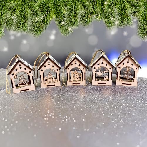 DEEP PRINT Wooden Christmas House Ornaments | Hanging Decoration Lanterns with Cut-Out Designs | Premium Pine MDF | LED Tea Light Candle Holder for Christmas Tree & Home Decor (Set of 5) - Image 1