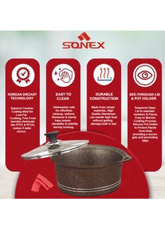 SONEX Sonex Diecast Eden King Non-Stick Cookware Set, 10-Piece, Glass Lids & Silicone Holders, 3L-13L, Advanced Korean Diecast Technology, Marble Non-Stick Coating, Dishwasher Safe,PFOA-Free,Chocolate  - Image 4