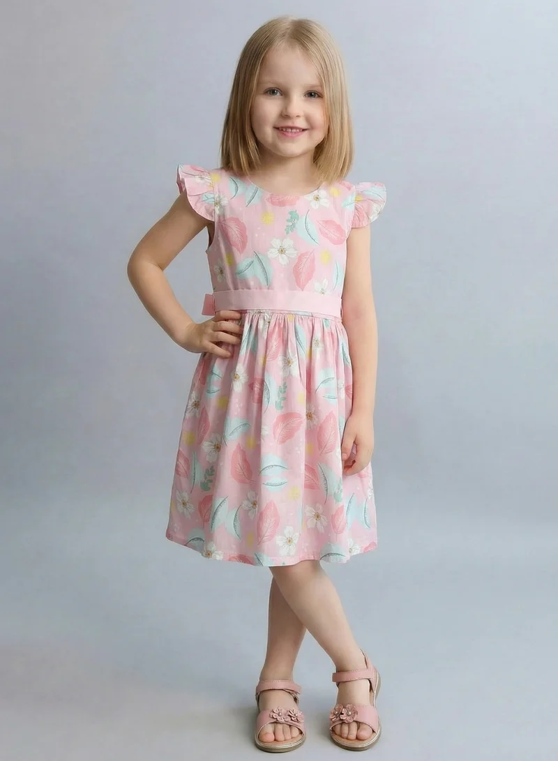 بيبي كلو Girls Pink Leaf Print Casual Summer Dress