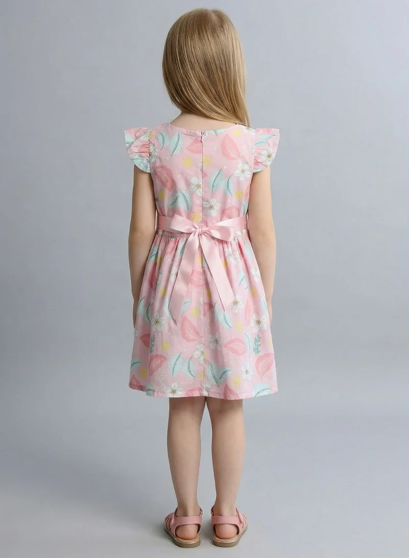 بيبي كلو Girls Pink Leaf Print Casual Summer Dress
