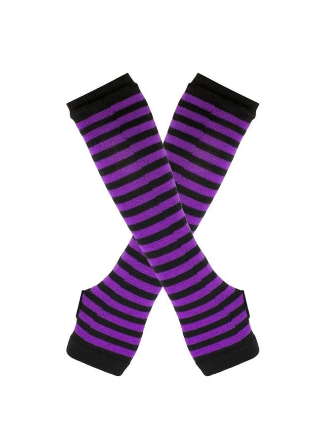 Fingerless Gloves For Women Striped Am Warmers Adult Hand Warmer Glove, Purple and Black, M