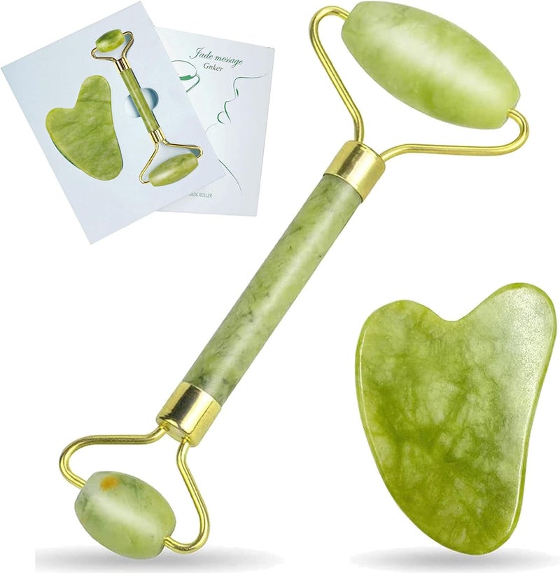 Gnker Jade Roller and Gua Sha Set for Beautiful Skin Detox - Facial Body Eyes Neck Massager Tool Reduce Wrinkles Aging - Original Natural Jade Stone - Image 1