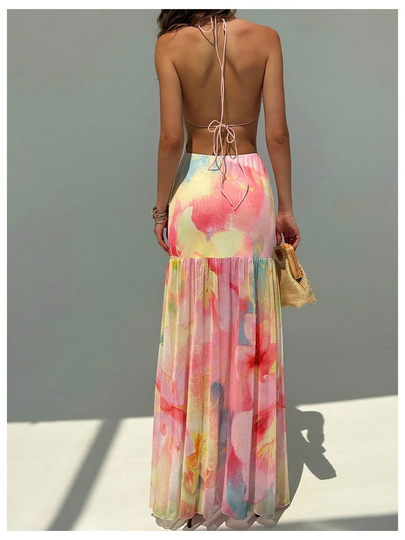 Floerns Women's Floral Mesh Halter Backless Boho Maxi Dress Spaghetti Strap Vacation Long Dresses Pink Multi Small - Image 2