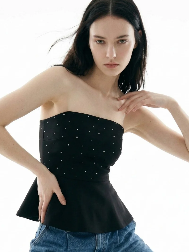 Outzidr Black Tube Peplum Top With Studs