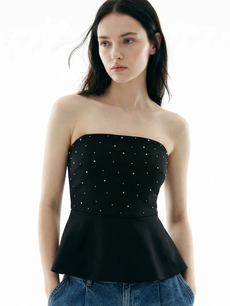Outzidr Black Tube Peplum Top With Studs