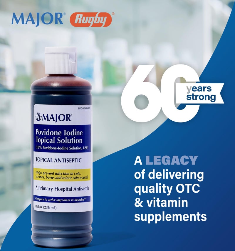 Major 10% Povidone-Iodine Liquid Topical Solution, USP - Topical Antiseptic for Cuts, Scrapes, Burns, and Minor Skin Wounds - 8 Fl. Oz. - Image 2