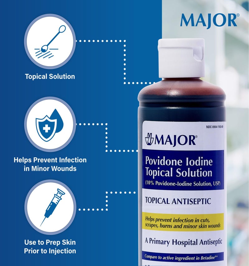 Major 10% Povidone-Iodine Liquid Topical Solution, USP - Topical Antiseptic for Cuts, Scrapes, Burns, and Minor Skin Wounds - 8 Fl. Oz. - Image 4