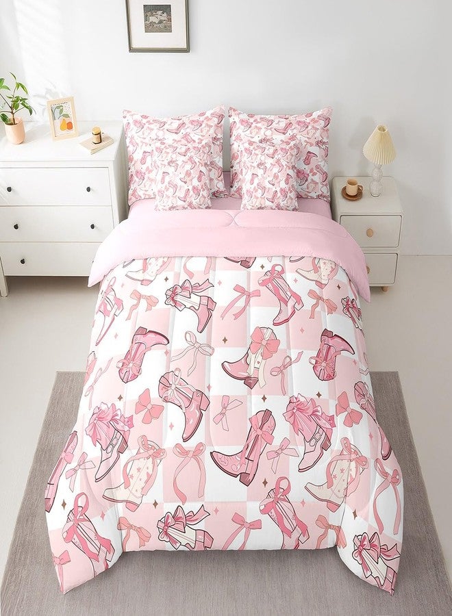 Man Fei Manfei Western Cowgirl Boots 7 Pieces Bedding Set Queen,Cartoon Princess Style Pink Bowknots Starry Bed in a Bag for Teens,Pink White Plaids Patchwork Comforter Set with Sheets,Pillow Covers - Image 3