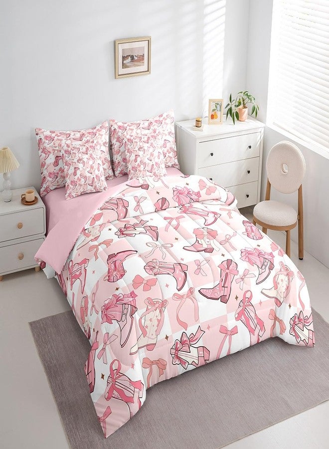 Man Fei Manfei Western Cowgirl Boots 7 Pieces Bedding Set Queen,Cartoon Princess Style Pink Bowknots Starry Bed in a Bag for Teens,Pink White Plaids Patchwork Comforter Set with Sheets,Pillow Covers - Image 2
