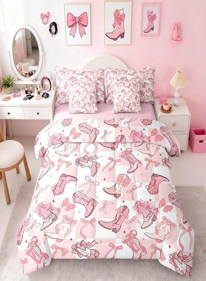 Man Fei Manfei Western Cowgirl Boots 7 Pieces Bedding Set Queen,Cartoon Princess Style Pink Bowknots Starry Bed in a Bag for Teens,Pink White Plaids Patchwork Comforter Set with Sheets,Pillow Covers - Image 1