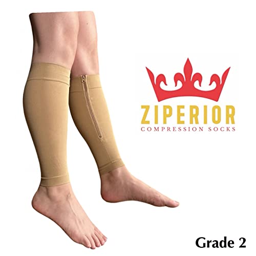 Ziperior Inside Leg 20-30 mmHg Compression Shin Calf No Foot Zipper Sleeves (Nude, 2X-Large) - Image 2