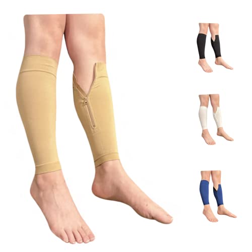 Ziperior Inside Leg 20-30 mmHg Compression Shin Calf No Foot Zipper Sleeves (Nude, 2X-Large) - Image 1