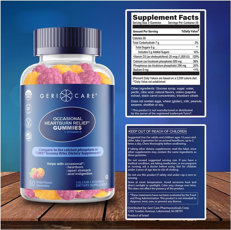 GeriCare Antacid with Vitamin D Gummies Fruit Flavor  50 Count NonGMO GlutenFree Vegan Naturally Sourced for Heartburn Upset Stomach  Acid Indigestion Relief Pack of 1 - Image 3