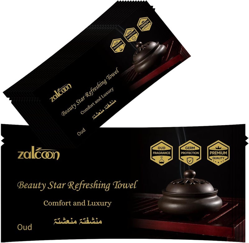 زالكون مناديل منعشة، مناشف بيضاء قطنية منعشة (25 عبوة، 23×23 سم) مناديل مبللة مسبقًا برائحة خفيفة للاستخدام ساخنة أو باردة - رائحة العود - Image 1