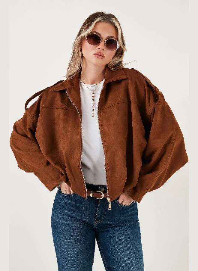 Lela Lela Oversize Classic Collar Zippered Suede Textured Bomber Jacket Women's JACKET 6839635