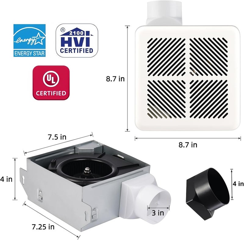 Tech Drive مروحة شفط حمام هادئة جداً - 60 CFM/50 CFM، تشمل قنوات 3 و4 بوصة، لا حاجة للوصول إلى العلية، معتمدة من Energy Star، سهلة التركيب، مثبتة في السقف للحمامات حتى 55 قدم مربع، بيضاء - Image 4