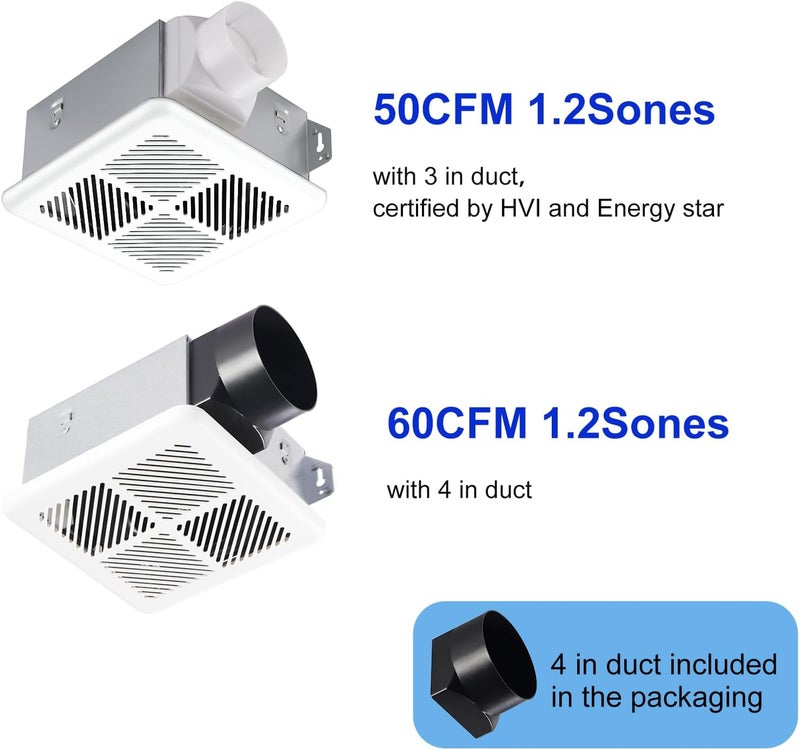 Tech Drive مروحة شفط حمام هادئة جداً - 60 CFM/50 CFM، تشمل قنوات 3 و4 بوصة، لا حاجة للوصول إلى العلية، معتمدة من Energy Star، سهلة التركيب، مثبتة في السقف للحمامات حتى 55 قدم مربع، بيضاء - Image 2