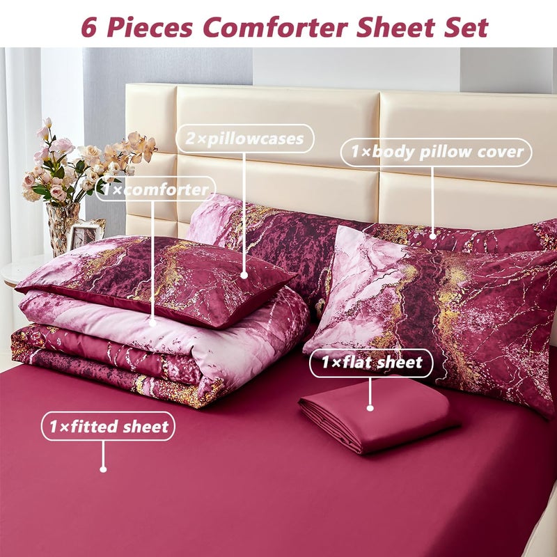 PERFEMET 6 Pcs Full Comforter Sets Burgundy Watercolor Marble Bed in A Bag Comforter Set Soft Lightweight Dark Red and Gold Bedding Quilt Set(Burgundy, Full) - Image 3