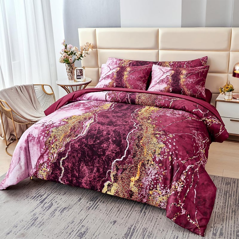 PERFEMET 6 Pcs Full Comforter Sets Burgundy Watercolor Marble Bed in A Bag Comforter Set Soft Lightweight Dark Red and Gold Bedding Quilt Set(Burgundy, Full) - Image 1