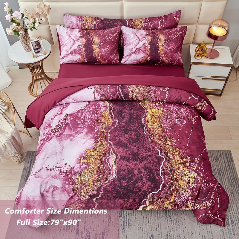 PERFEMET 6 Pcs Full Comforter Sets Burgundy Watercolor Marble Bed in A Bag Comforter Set Soft Lightweight Dark Red and Gold Bedding Quilt Set(Burgundy, Full) - Image 4