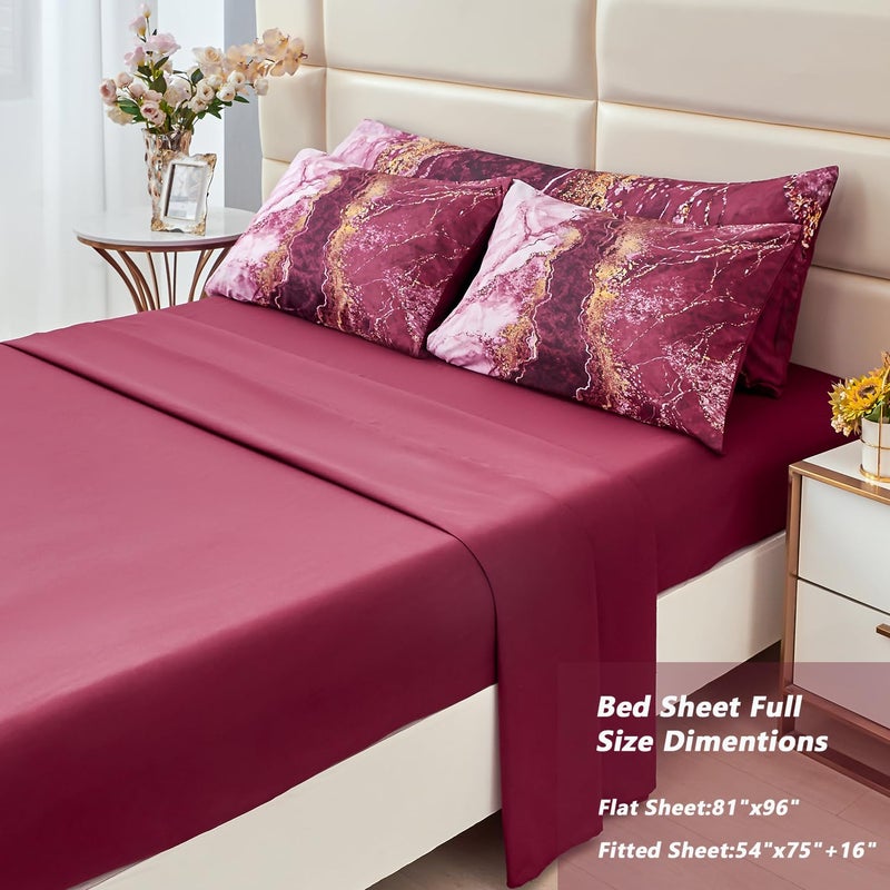 PERFEMET 6 Pcs Full Comforter Sets Burgundy Watercolor Marble Bed in A Bag Comforter Set Soft Lightweight Dark Red and Gold Bedding Quilt Set(Burgundy, Full) - Image 5