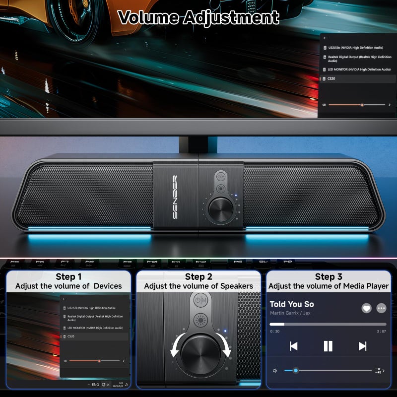 SENZER CS20 2 in 1 Bluetooth Computer Speakers for Desktop, USB Plug & Play Clear Sound PC Speakers with RGB Light, Monitor Sound Bar with Volume Knob, Gaming Speaker for PC Laptop Phone Tablet - Image 5