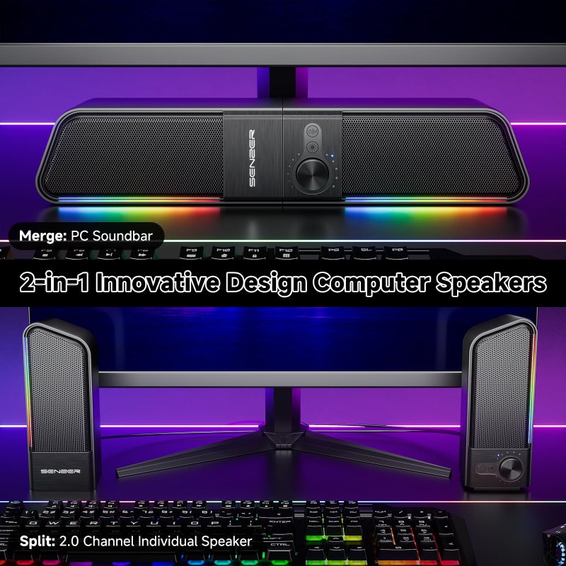 SENZER CS20 2 in 1 Bluetooth Computer Speakers for Desktop, USB Plug & Play Clear Sound PC Speakers with RGB Light, Monitor Sound Bar with Volume Knob, Gaming Speaker for PC Laptop Phone Tablet - Image 2