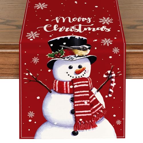 ZCHOMI Christmas Snowman Table Runner 13x72 Inch Red Merry Christmas Seasonal Winter Kitchen Dinning Table Decoration for Home Party Decor - Image 1