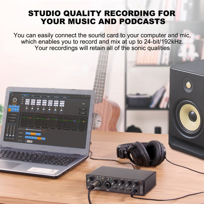 USB Audio Interface Sound Card RHM 2 In 2 Out Audio Interface Sound Board with 48V Phantom Power for Recording Professional Audio Mixer & Mic Preamplifier XLR/TSR/TS Ports for Guitarist Vocalist - Image 3