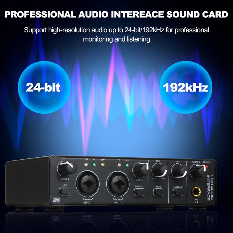 USB Audio Interface Sound Card RHM 2 In 2 Out Audio Interface Sound Board with 48V Phantom Power for Recording Professional Audio Mixer & Mic Preamplifier XLR/TSR/TS Ports for Guitarist Vocalist - Image 4