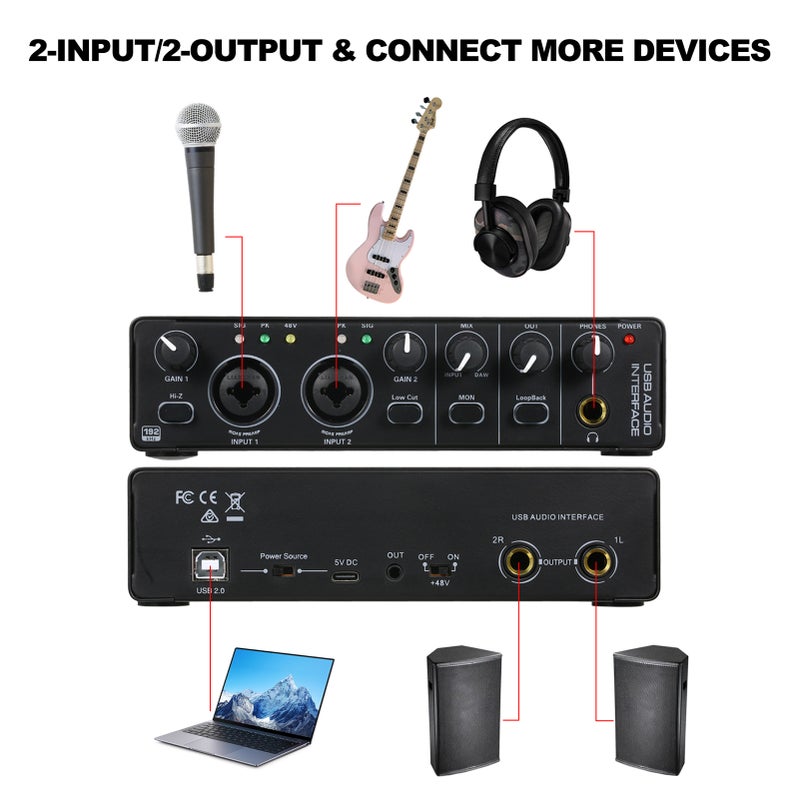 USB Audio Interface Sound Card RHM 2 In 2 Out Audio Interface Sound Board with 48V Phantom Power for Recording Professional Audio Mixer & Mic Preamplifier XLR/TSR/TS Ports for Guitarist Vocalist - Image 5