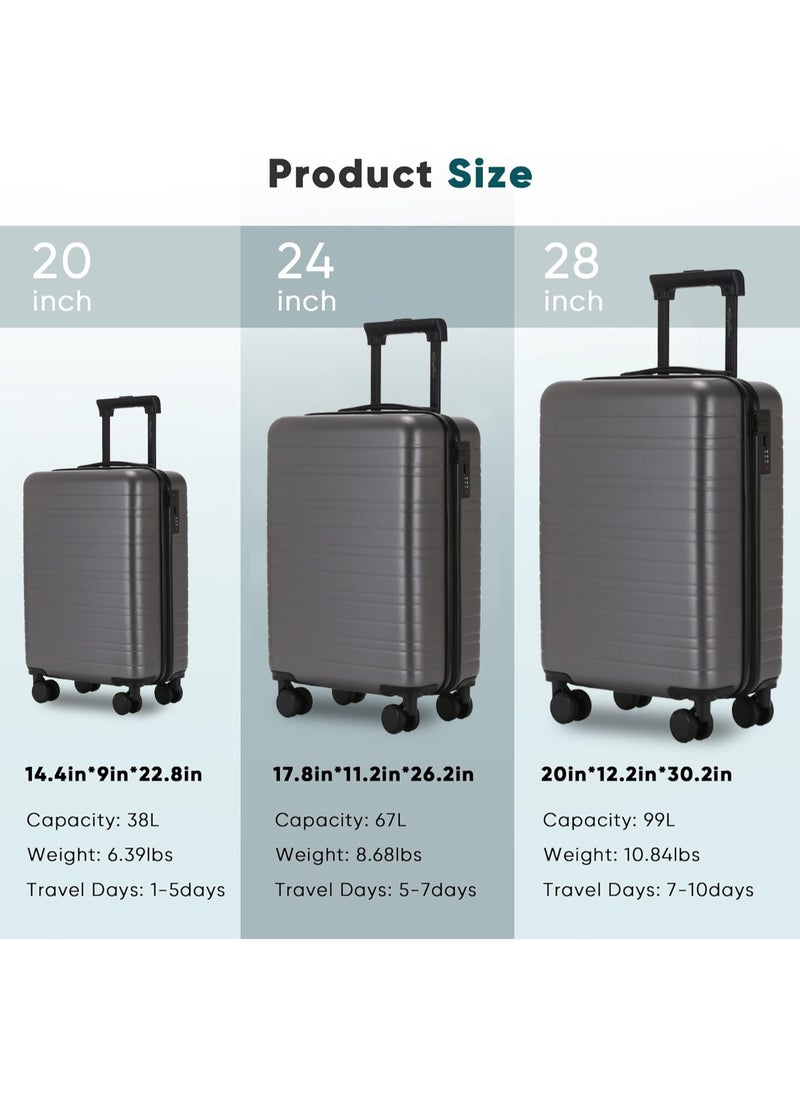 OHAHO Luggage Set 3-Piece Carry On Luggage ABS Material Hard Shell Suitcase with Wheels TSA Lock Scalable Trolley Luggage Bag 20/24/28 Inch （Grey）  - Image 2
