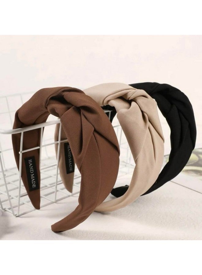 Huachi Knotted Headbands For Women - Non-Slip Wide Top Knot Hair Hoops, Fashion Hairbands In Black, Beige, Brown - 3Pcs Hair Accessories Set - Image 2