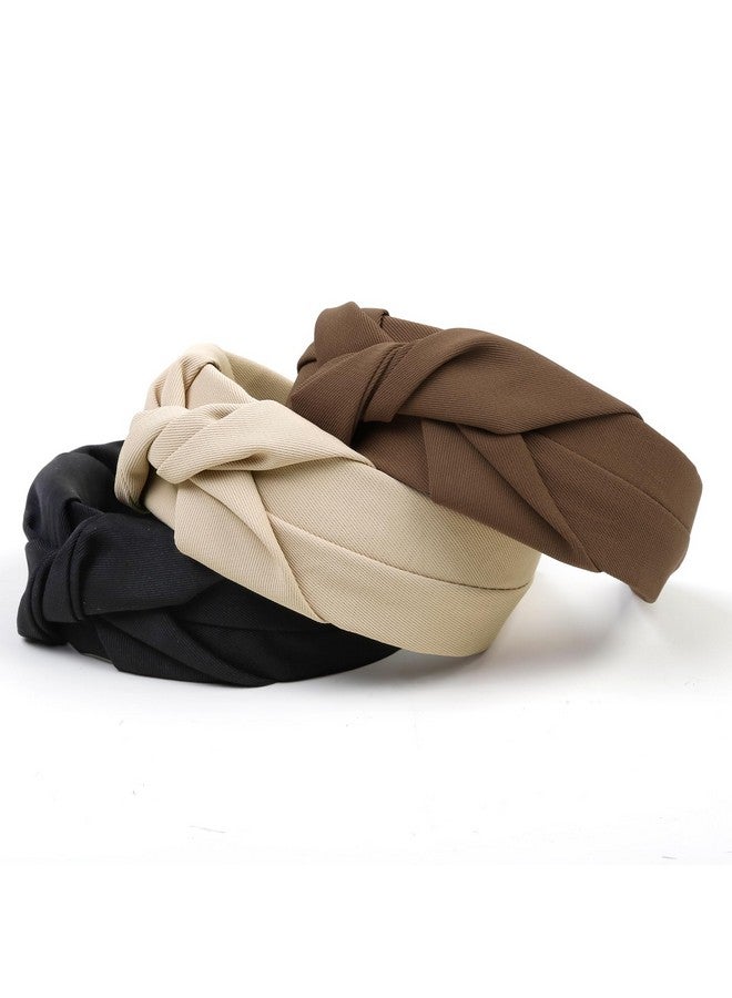 Huachi Knotted Headbands For Women - Non-Slip Wide Top Knot Hair Hoops, Fashion Hairbands In Black, Beige, Brown - 3Pcs Hair Accessories Set - Image 1