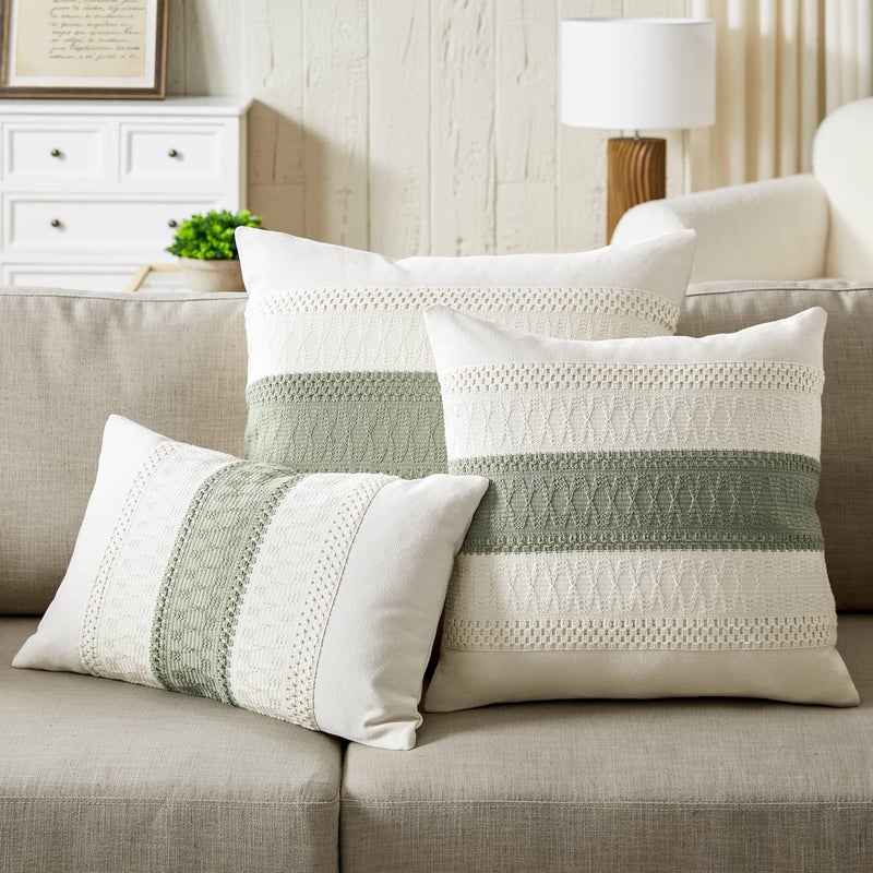 ZeeMart 2 Packs Cotton Boho Lumbar Throw Pillow Covers 12x20 Inch Contrast Green, Soft Farmhouse Decorative Couch Pillow Cases Sage Green Cushion Covers for Sofa Bed Living Room Home Decor - Image 5