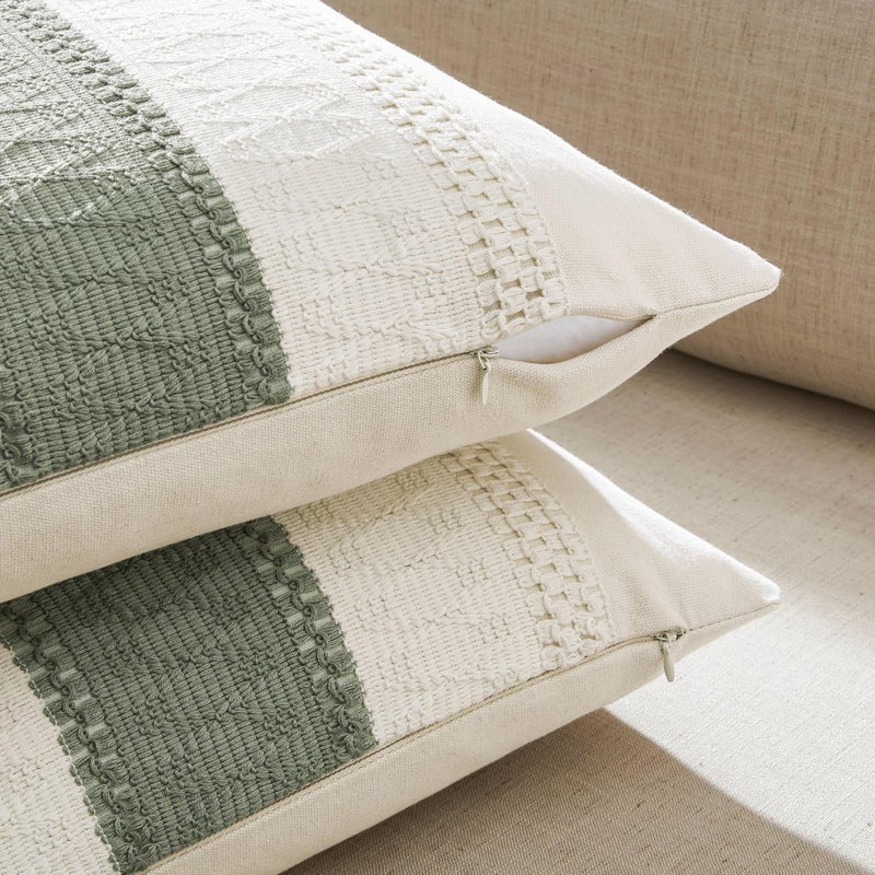 ZeeMart 2 Packs Cotton Boho Lumbar Throw Pillow Covers 12x20 Inch Contrast Green, Soft Farmhouse Decorative Couch Pillow Cases Sage Green Cushion Covers for Sofa Bed Living Room Home Decor - Image 3