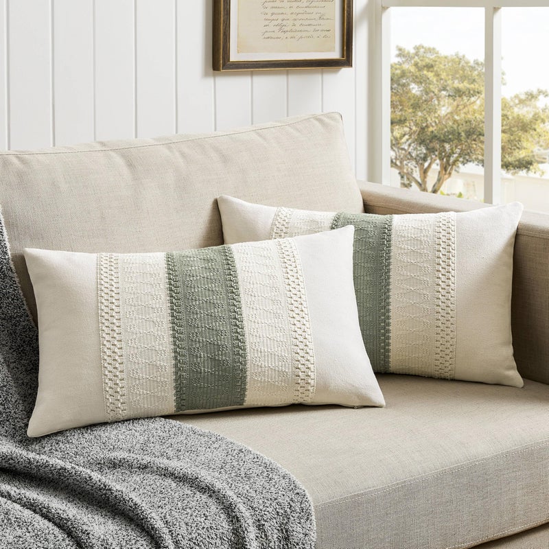 ZeeMart 2 Packs Cotton Boho Lumbar Throw Pillow Covers 12x20 Inch Contrast Green, Soft Farmhouse Decorative Couch Pillow Cases Sage Green Cushion Covers for Sofa Bed Living Room Home Decor - Image 1