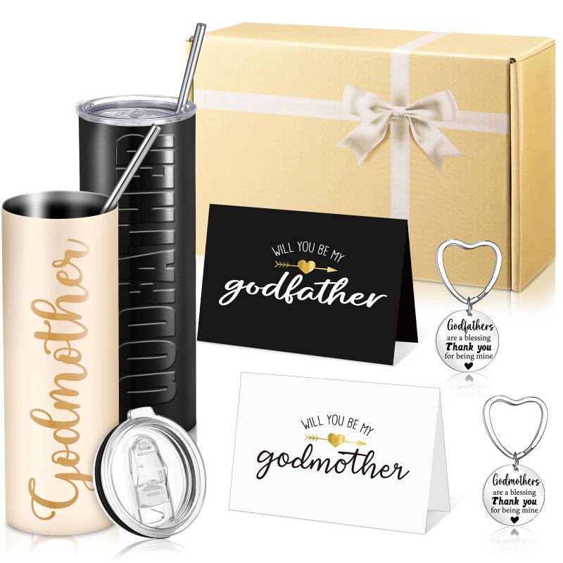Mimorou 7 Pcs Godparents Proposal Gift Set Will You Be My Godparents from Godchild Godmother Godfather Gift with Glass Cups Keychains Cards Box for Birthday Baptism (Champagne Black) - Image 1