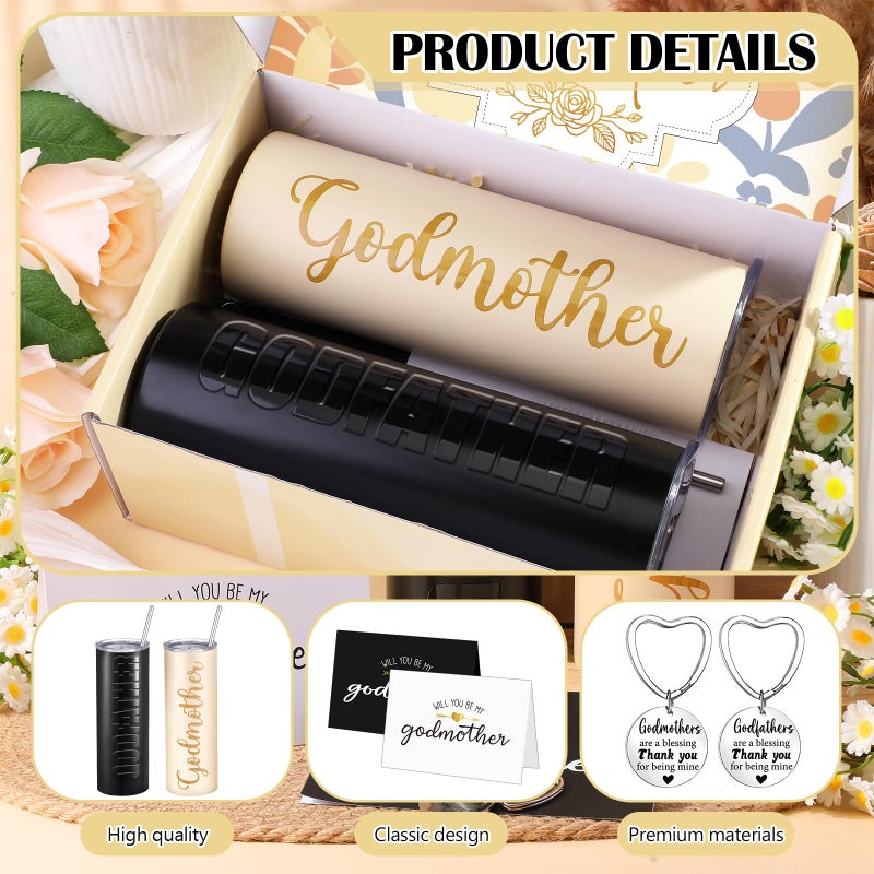 Mimorou 7 Pcs Godparents Proposal Gift Set Will You Be My Godparents from Godchild Godmother Godfather Gift with Glass Cups Keychains Cards Box for Birthday Baptism (Champagne Black) - Image 3