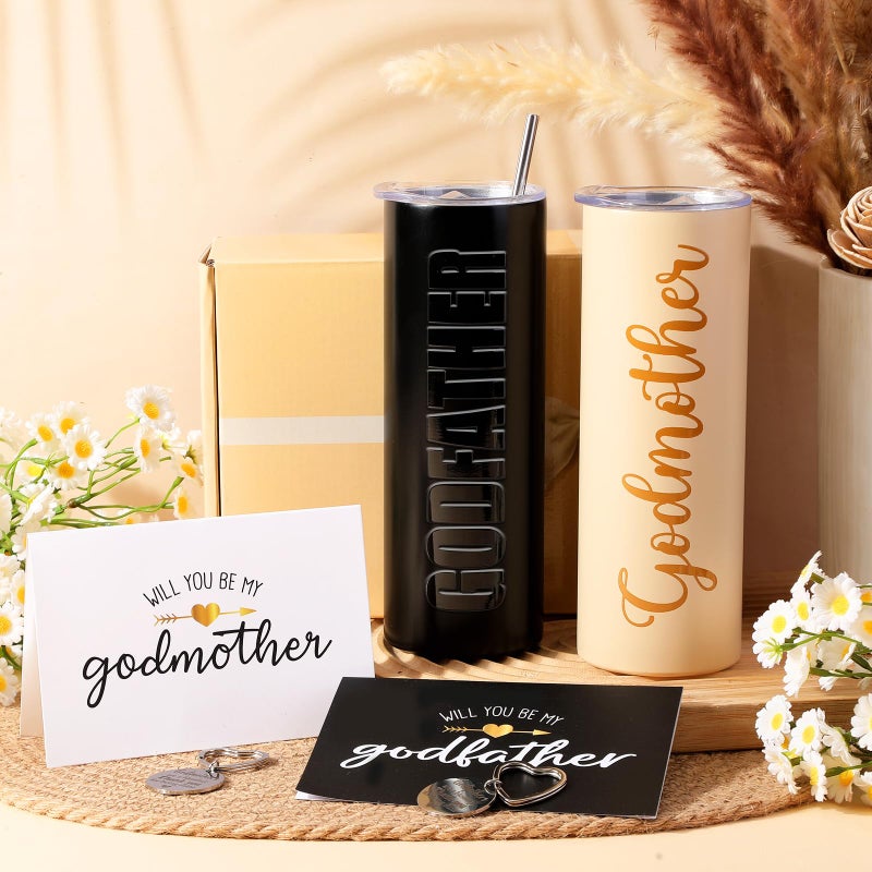 Mimorou 7 Pcs Godparents Proposal Gift Set Will You Be My Godparents from Godchild Godmother Godfather Gift with Glass Cups Keychains Cards Box for Birthday Baptism (Champagne Black) - Image 2