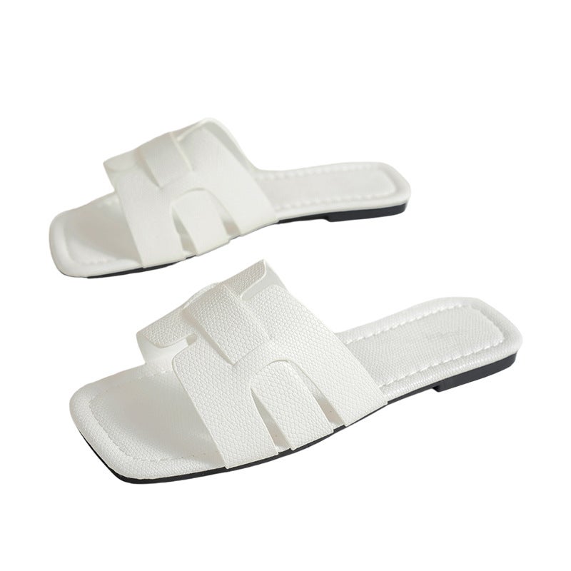 White Fertilizer Open Toe Plus Size Half Flat Bottom Drag Outer Wear Flat Bottom Plus Size Square Head Ladies One-Word Drag All-Match - Image 1
