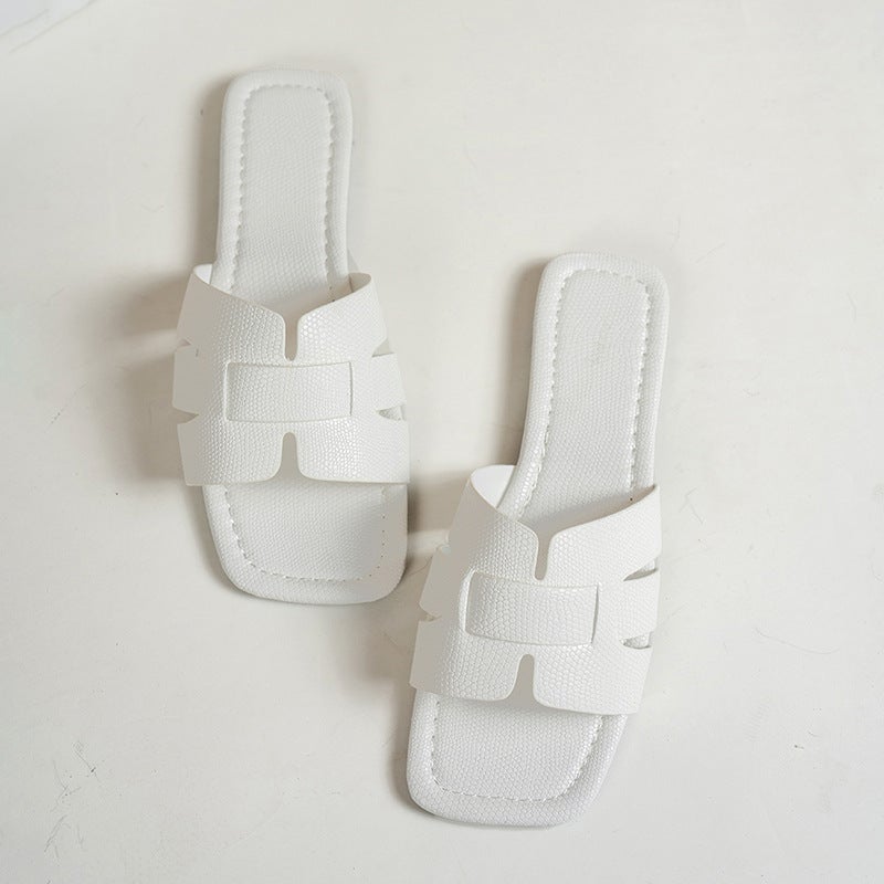 White Fertilizer Open Toe Plus Size Half Flat Bottom Drag Outer Wear Flat Bottom Plus Size Square Head Ladies One-Word Drag All-Match - Image 5