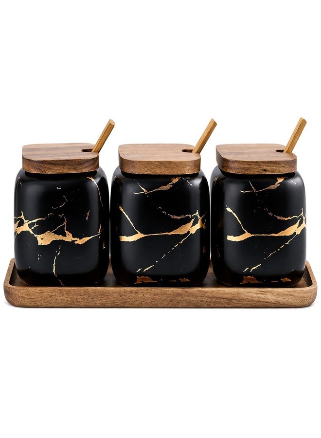 JFFLYIT 3 Pcs Porcelain Condiment Jar Pot Spice Container Ceramic Seasoning Jar with Lid Spoon and Tray Great for Home Kitchen Counter, Black - Image 1