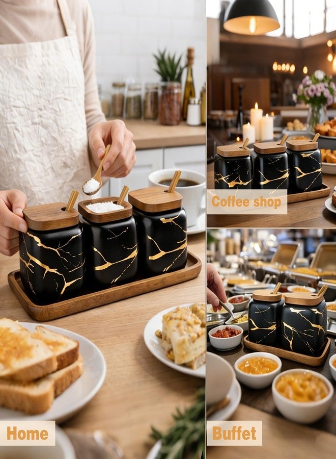 JFFLYIT 3 Pcs Porcelain Condiment Jar Pot Spice Container Ceramic Seasoning Jar with Lid Spoon and Tray Great for Home Kitchen Counter, Black - Image 3