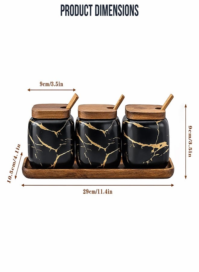 JFFLYIT 3 Pcs Porcelain Condiment Jar Pot Spice Container Ceramic Seasoning Jar with Lid Spoon and Tray Great for Home Kitchen Counter, Black - Image 5