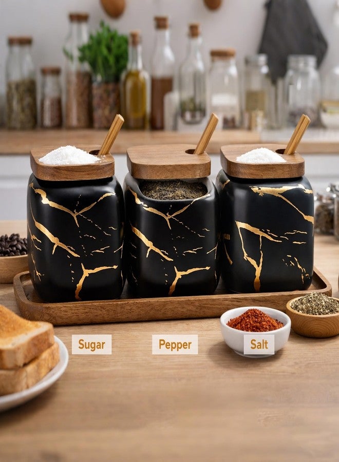 JFFLYIT 3 Pcs Porcelain Condiment Jar Pot Spice Container Ceramic Seasoning Jar with Lid Spoon and Tray Great for Home Kitchen Counter, Black - Image 2