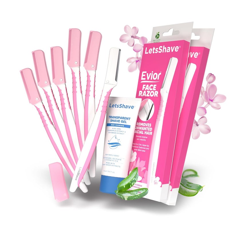 Lets Shave Evior Face & Eyebrow Razor For Women - Pack of 6 + Free Transparent Shave Gel 15ml | Skin-Safe Hair Removal Razors | For Eyebrows, Upper Lip, Forehead, Peach Fuzz | 300 Days of Dermaplaning - Image 1