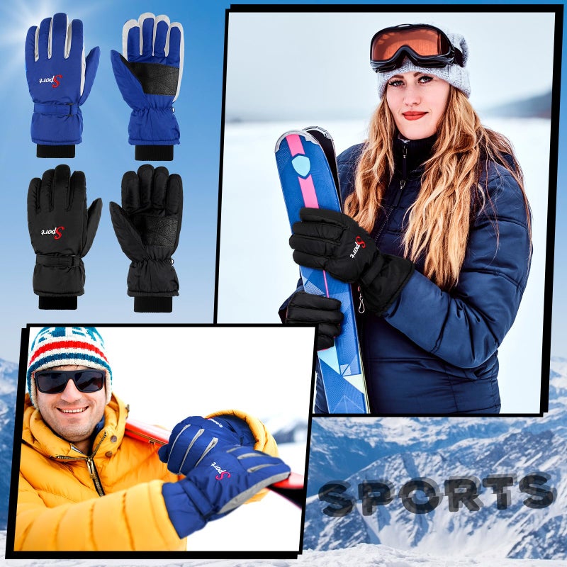 Jeere 2 Pairs Winter Ski Gloves Men Women Waterproof Snow Gloves Adjustable Snowboard Mittens with Zipper Strap Hook Pocket(Black, Blue,S) - Image 2